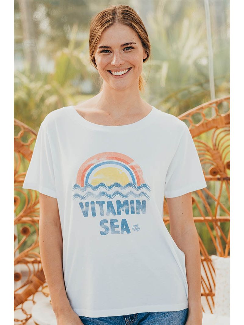 T-shirt Femme Ninetees Vitamin Sea - Coton Bio, Col Évasé, Ultra-Doux